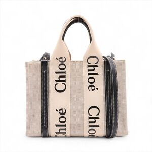 Chloe Woody Canvas Leather Handbag Beige Tan Black